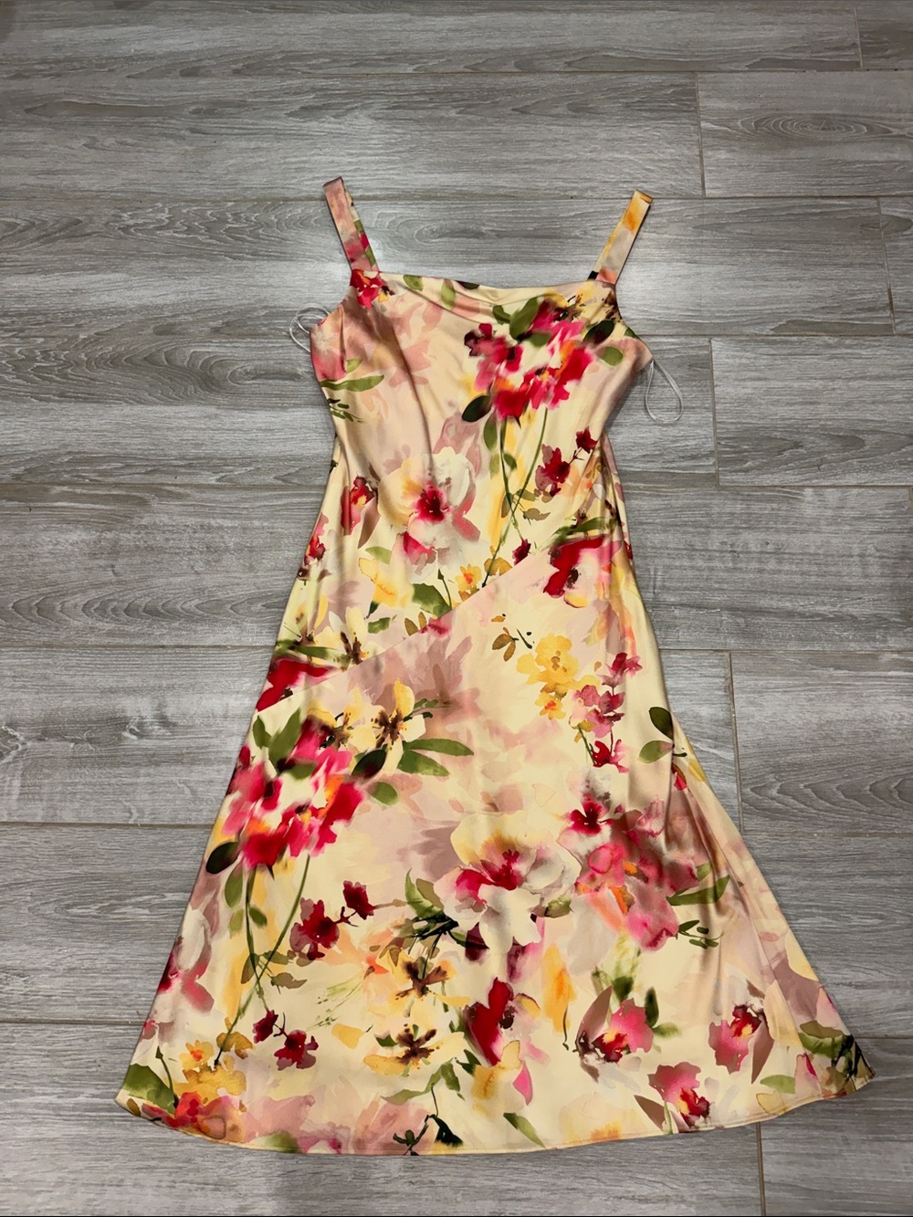 Donna Karan Floral Satin Slip Dress - Cream with Pink & Red Blooms size 8